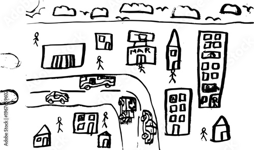 Kids hand-drawn doodle map of a town with vehicles and stick figures Naive art black and white sketch of an urban landscape