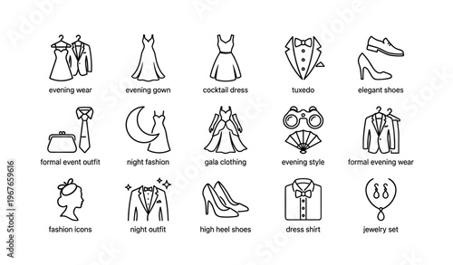 Evening wear and fashion icons featuring dresses, tuxedos, and accessories