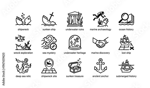Maritime exploration icons featuring shipwrecks and ancient anchors