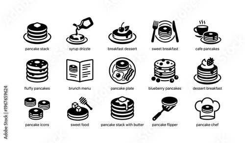 Pancakes icon set featuring breakfast desserts and syrup drizzle