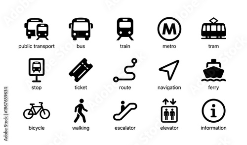Public transport icons: bus, train, metro, tram, navigation, information