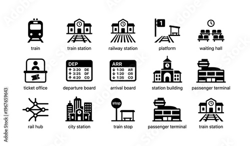 Transportation icons: train, station, platform, ticket office, departure and arrival boards
