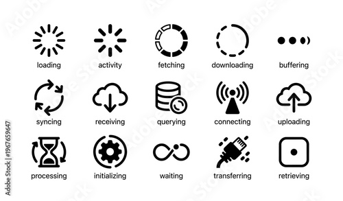 Loading and connectivity icons for digital and network processes