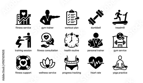 Fitness icons collection: workout, wellness, and training symbols