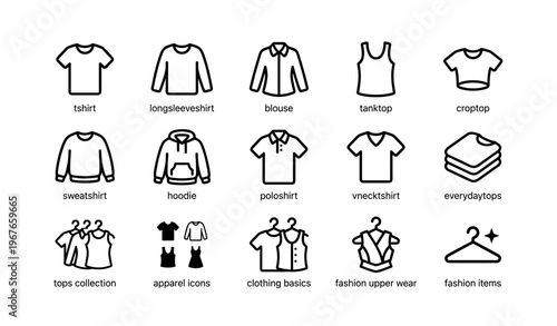 Icon set of various tops: t-shirt, hoodie, polo, tank top, and more