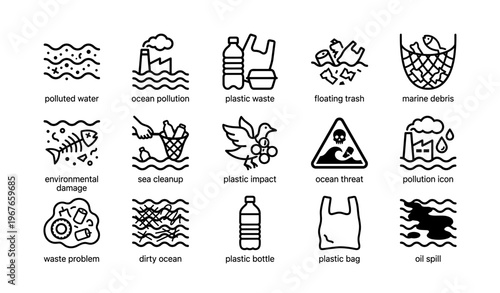Environmental icons: ocean pollution and plastic waste impact