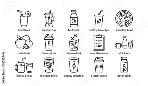 Collection of smoothie and drink icons: blender, fruit, fitness, vitamin, energy, detox