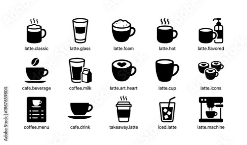 Icons collection of latte varieties and coffee-related illustrations