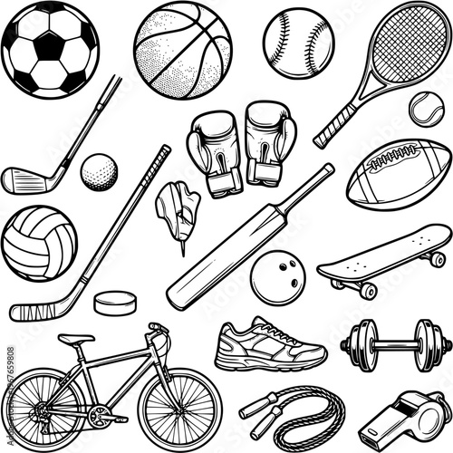 Sports equipment icon set vector, athletic gear line icons collection for fitness and games