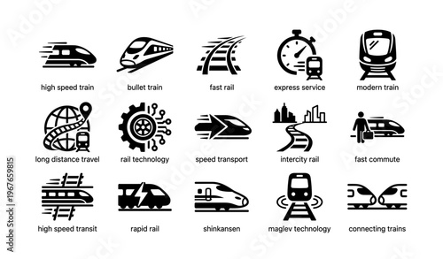 Icons of high speed, bullet, and modern trains with rail technology symbols