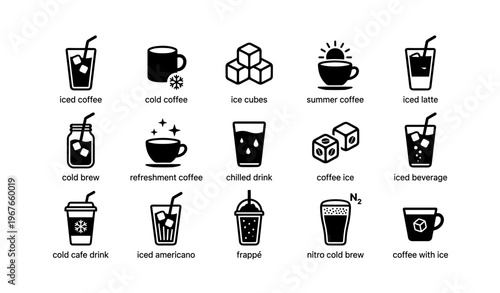 Icons of iced coffee, cold brew, frappé, and refreshing beverages
