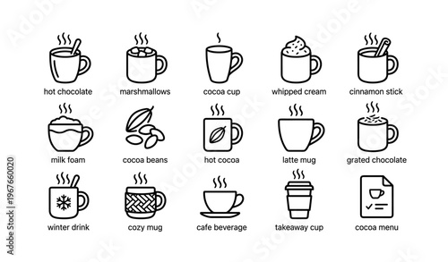 Various hot chocolate cups and ingredients with labels for beverage menu design