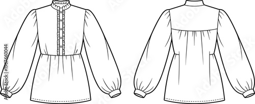 Flat vector blouse template front back long sleeve fashion apparel design