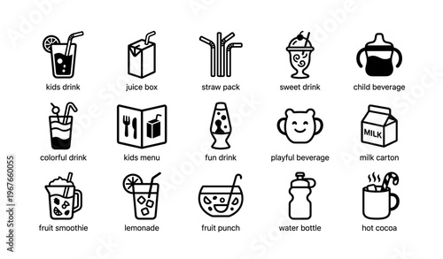 Black and white beverage icons collection featuring drinks and accessories for kids