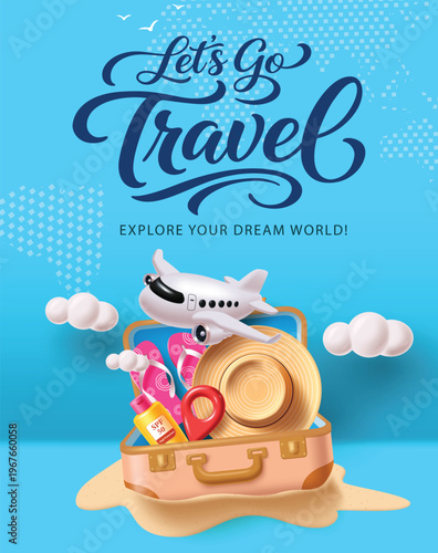 Travel Background With Open Suitcase Airplane Summer Hat Flip Flops And Sunscreen Vector Illustration