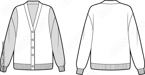 Flat vector cardigan sweater fashion sketch v neckline button ribbed cuff illustration