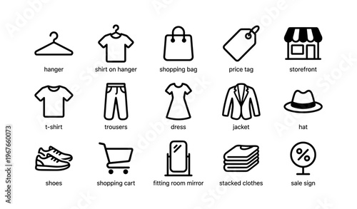 Fashion icons set: hanger, shopping bag, price tag, clothing, accessories, sale sign