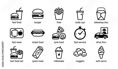 Fast food icons: burgers, fries, drinks, and more in simple black and white illustrations