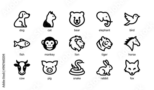 Animal icons set: dog, cat, bear, elephant, bird, and more