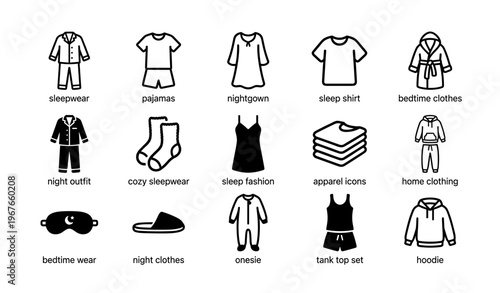Clothing icons collection featuring sleepwear, pajamas, nightgown, sleep shirt, and cozy bedtime outfits
