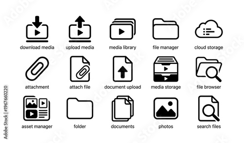 Download upload icons: media, file, cloud, folder, document symbols