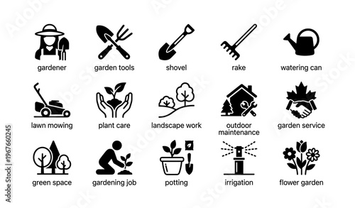 Gardening icons set: tools, plant care, landscaping, irrigation, maintenance