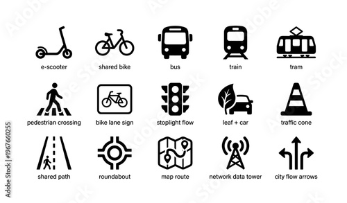 Urban transport and navigation icon set for efficient city travel