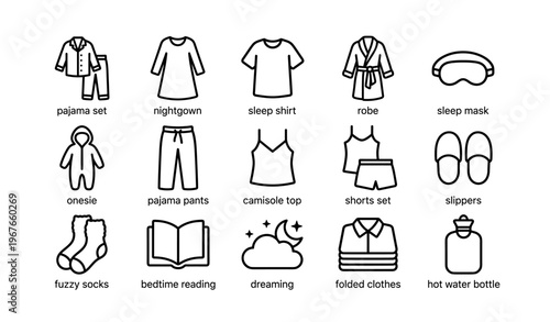Cozy sleepwear icons featuring pajamas, nightgown, robe, and more for relaxed bedtime