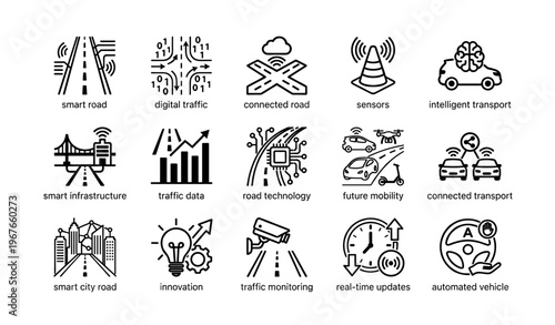 Smart road and future mobility icons: digital traffic, sensors, automated vehicles