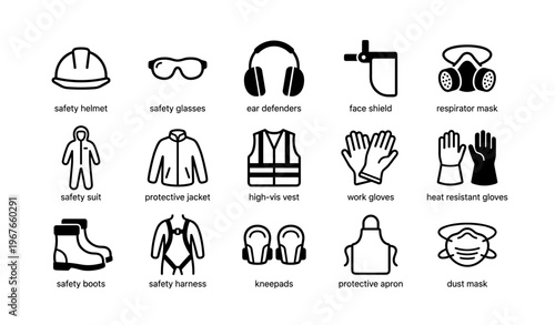 Safety equipment icons: helmet, glasses, ear defenders, respirator, gloves, vest