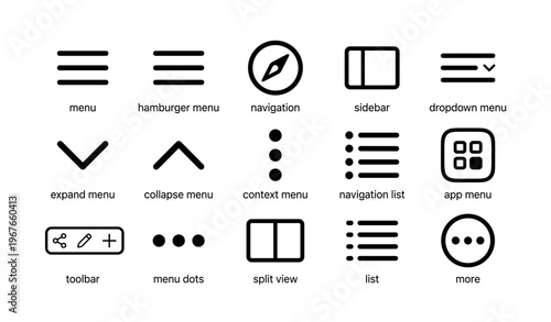 Menu and navigation icons set for ui design in black and white style