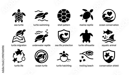Ocean conservation icons featuring turtles and marine life