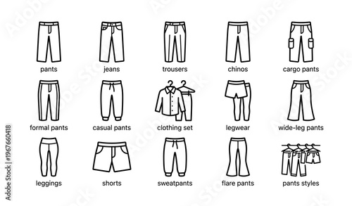 Vector icons of various pants styles including jeans, chinos, cargo, and more