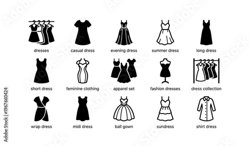 Dress types collection: casual, evening, summer, long, short, wrap, midi, ball gown