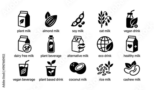 Collection of plant-based milk icons featuring almond, soy, and oat
