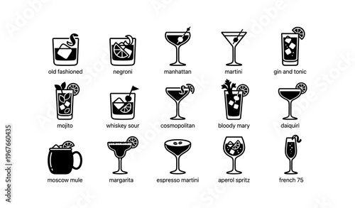Icon set of classic cocktails with garnishes in black and white