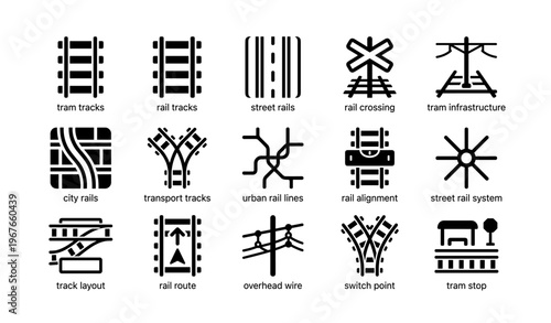 Icon set depicting various types of rail and tram infrastructure elements