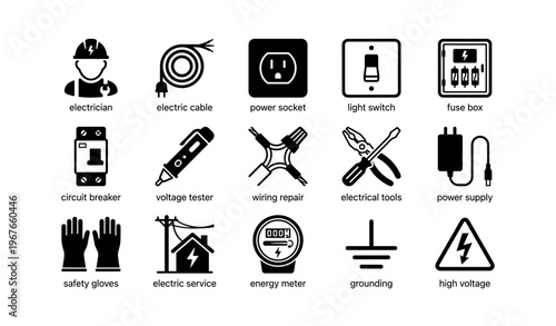Electrical tools and symbols illustration for safety and repair guidance