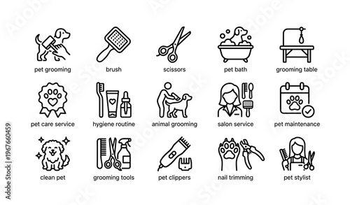 Pet grooming icons: tools, services, and maintenance for animal care