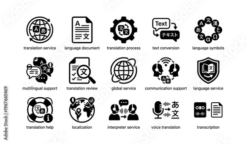 Language translation icons set featuring global communication and multilingual support