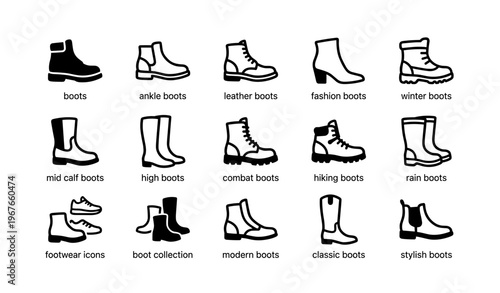 Various boot types: ankle, leather, fashion, winter, combat, hiking, and more footwear icons