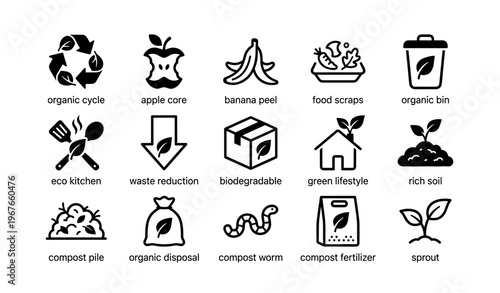 Eco symbols: recycling, composting, and green lifestyle icons