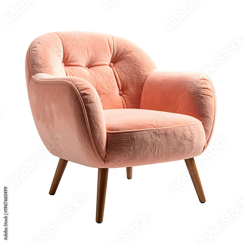 Elegant peach velvet armchair with button tufting and tapered wood legs against a stark black background for modern interior design