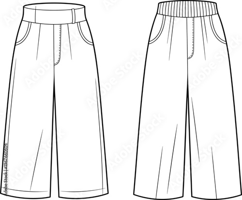 Flat vector wide leg pants fashion sketch tailored waistband elastic variation illustration