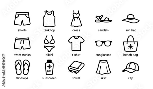 Summer clothing and accessories: icons of shorts, swimwear, and sun protection