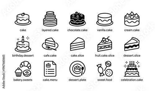 Icon set of cakes and desserts including slices and celebration cakes