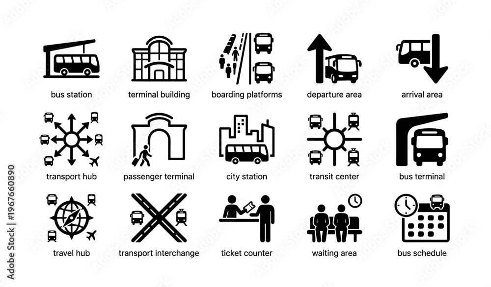 Fototapeta premium Public transport infrastructure icons: bus station, terminal, boarding platforms, transit center