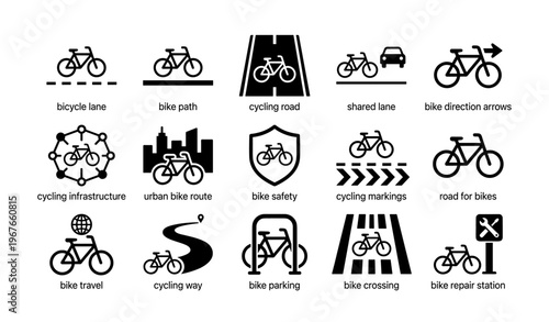 Icons of bicycle infrastructure and safety including lanes, routes, and parking