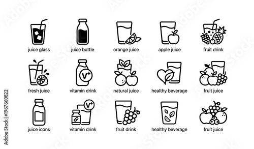 Assorted juice and beverage icons including apple, orange, and vitamin drinks