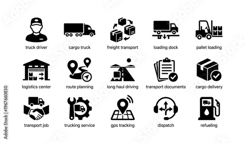 Transportation and logistics icons: truck, cargo, route, loading, gps